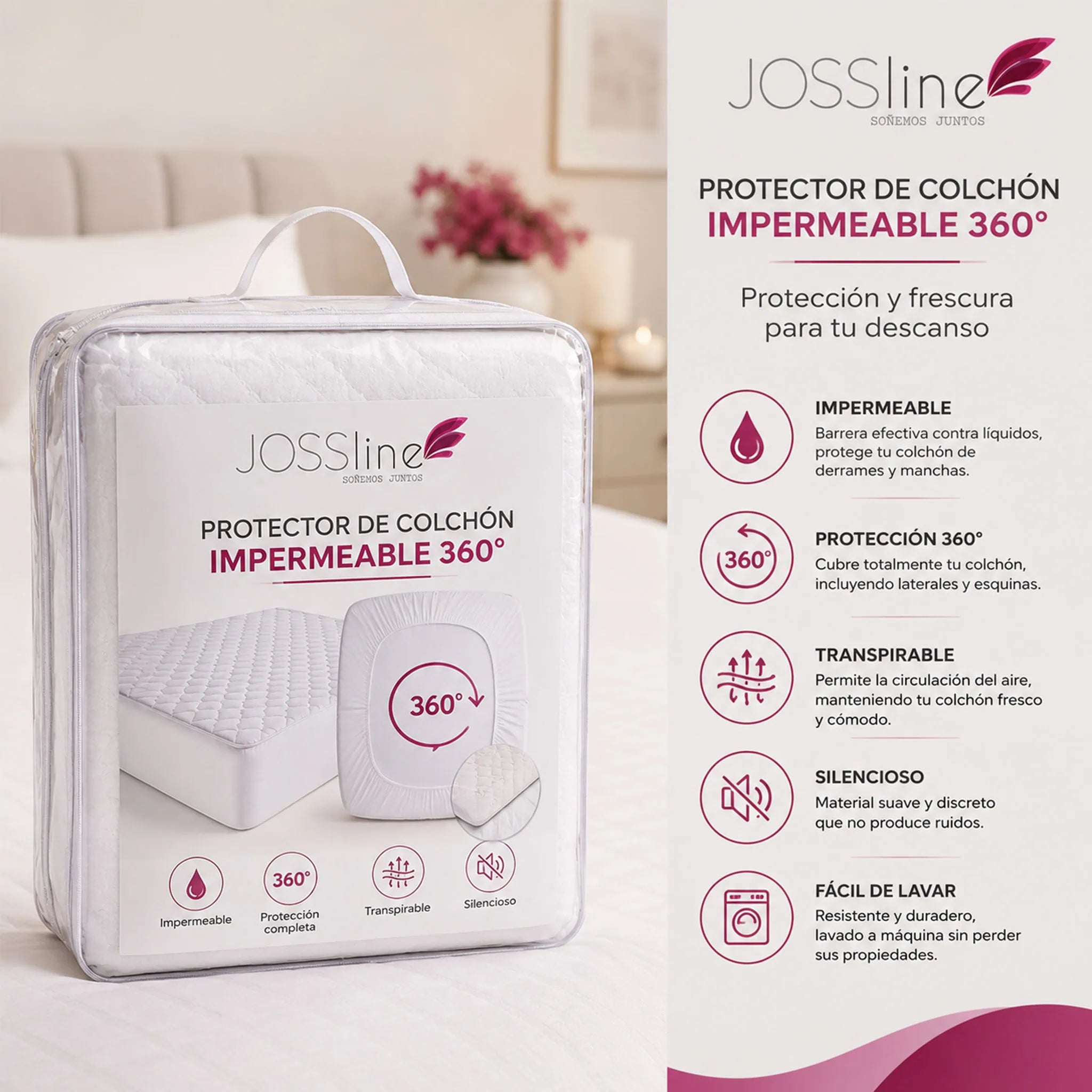 Protector de colchón impermeable 360° JOSSline – presentación en empaque