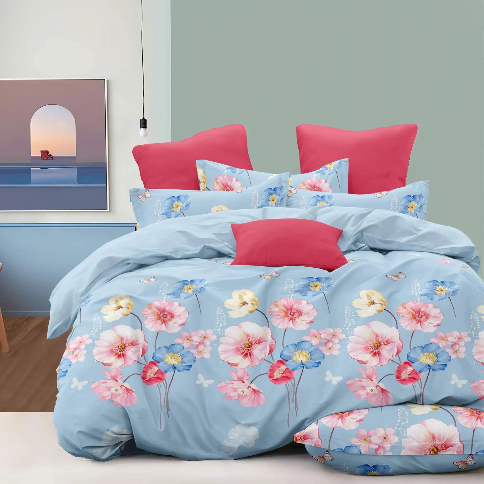 Sábana Piel de Durazno 140gr diseño floral celeste con flores rosadas - JOSSline Ecuador