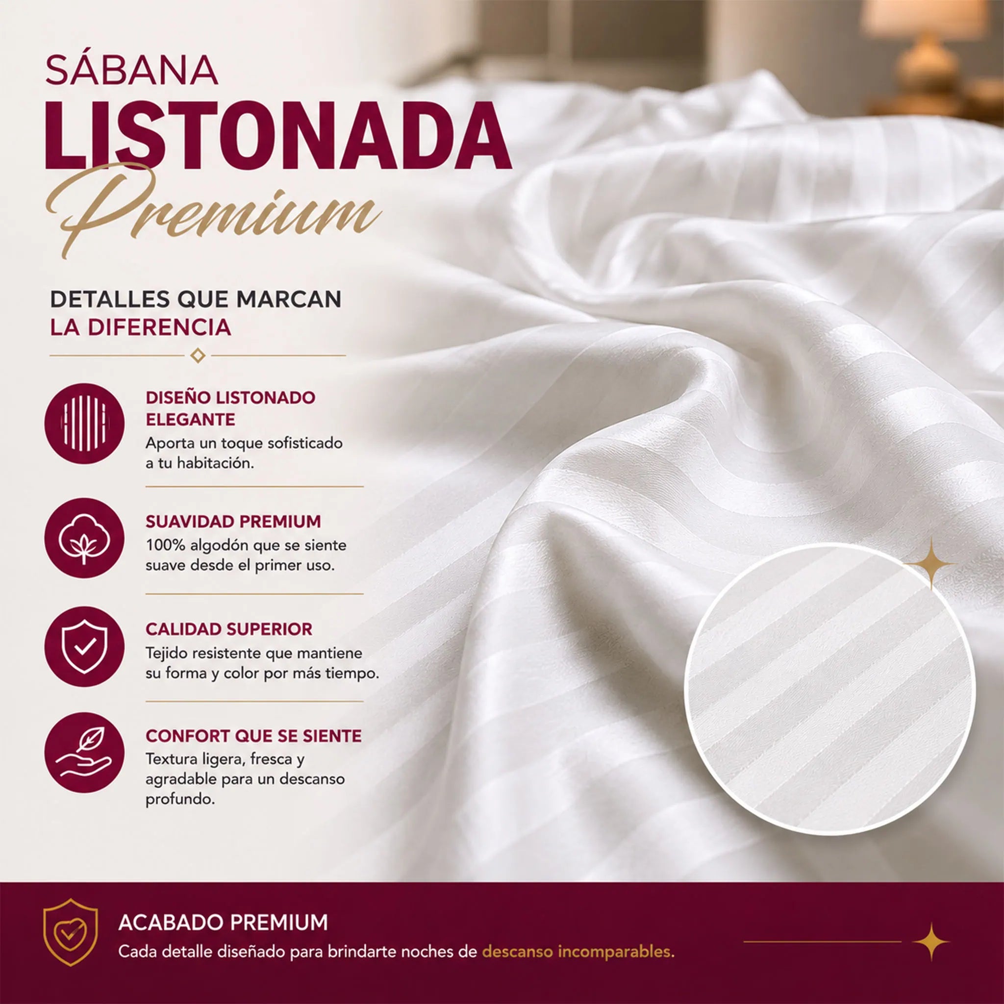 Sábana listonada premium JOSSline – detalle de textura y acabado listonado