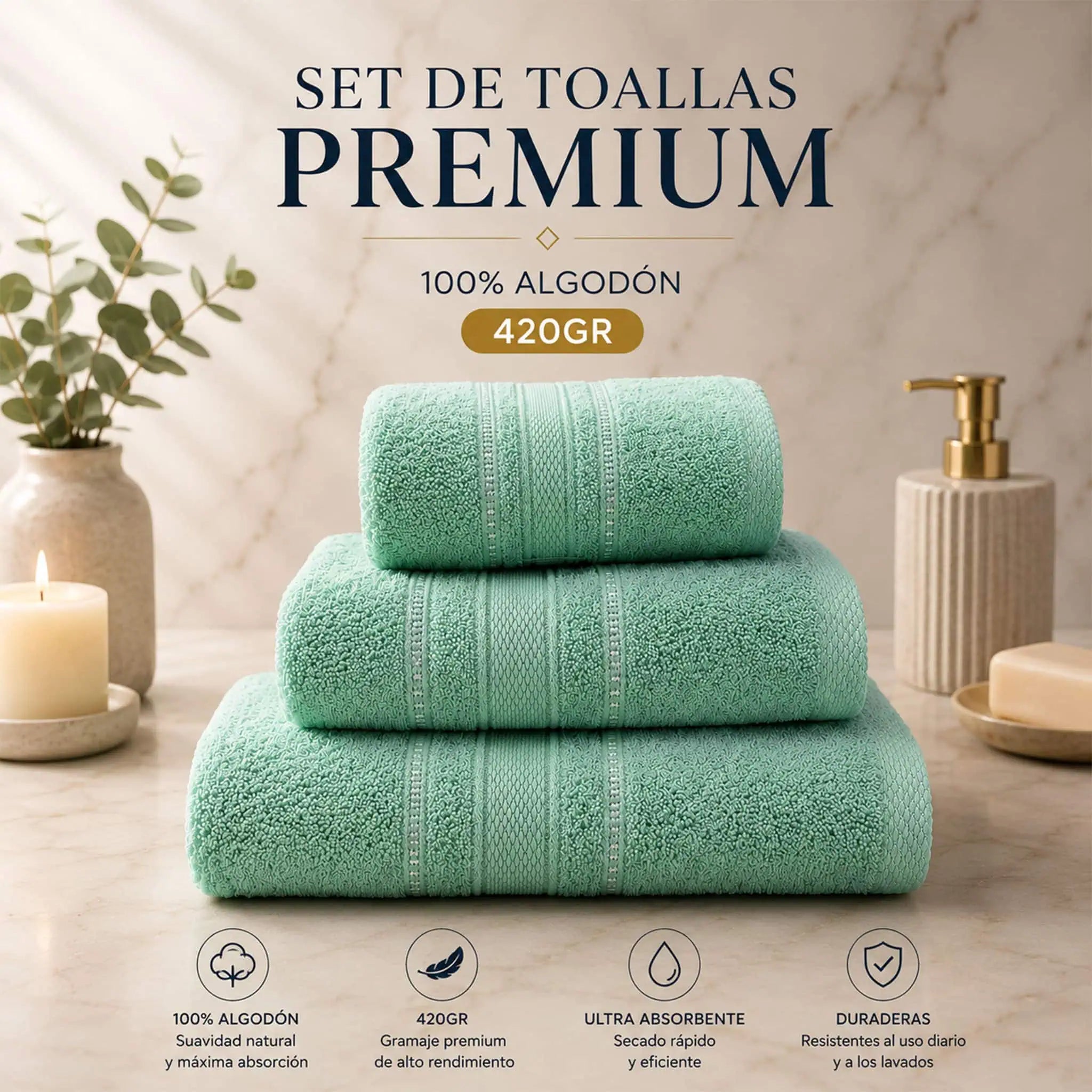 Set de 3 Toallas Premium 100% Algodón | Máxima Suavidad y Absorción